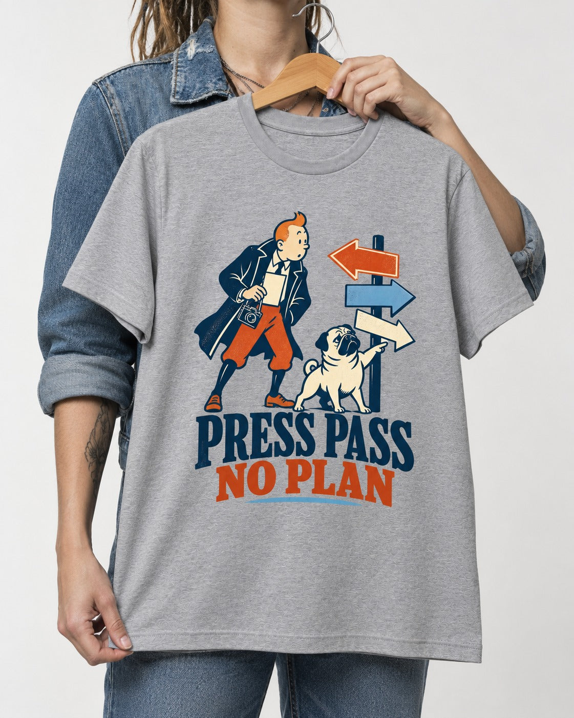 Pug Press Pass No Plan T-Shirt in Sport Grey, held up on a hanger