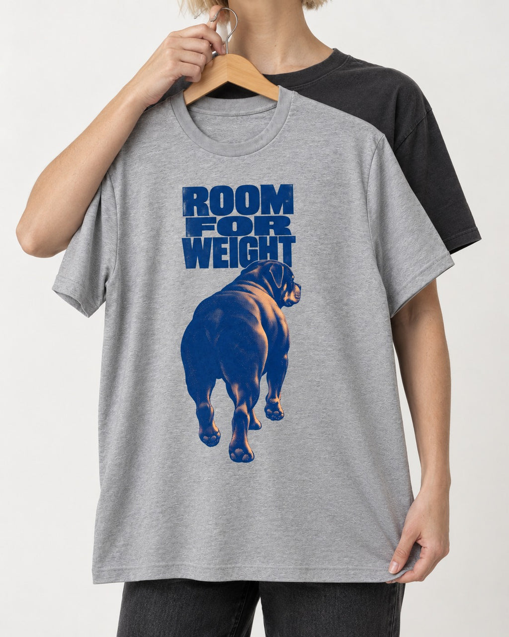 Room for Weight Rottweiler T-Shirt in Sport Grey, held up on a hanger