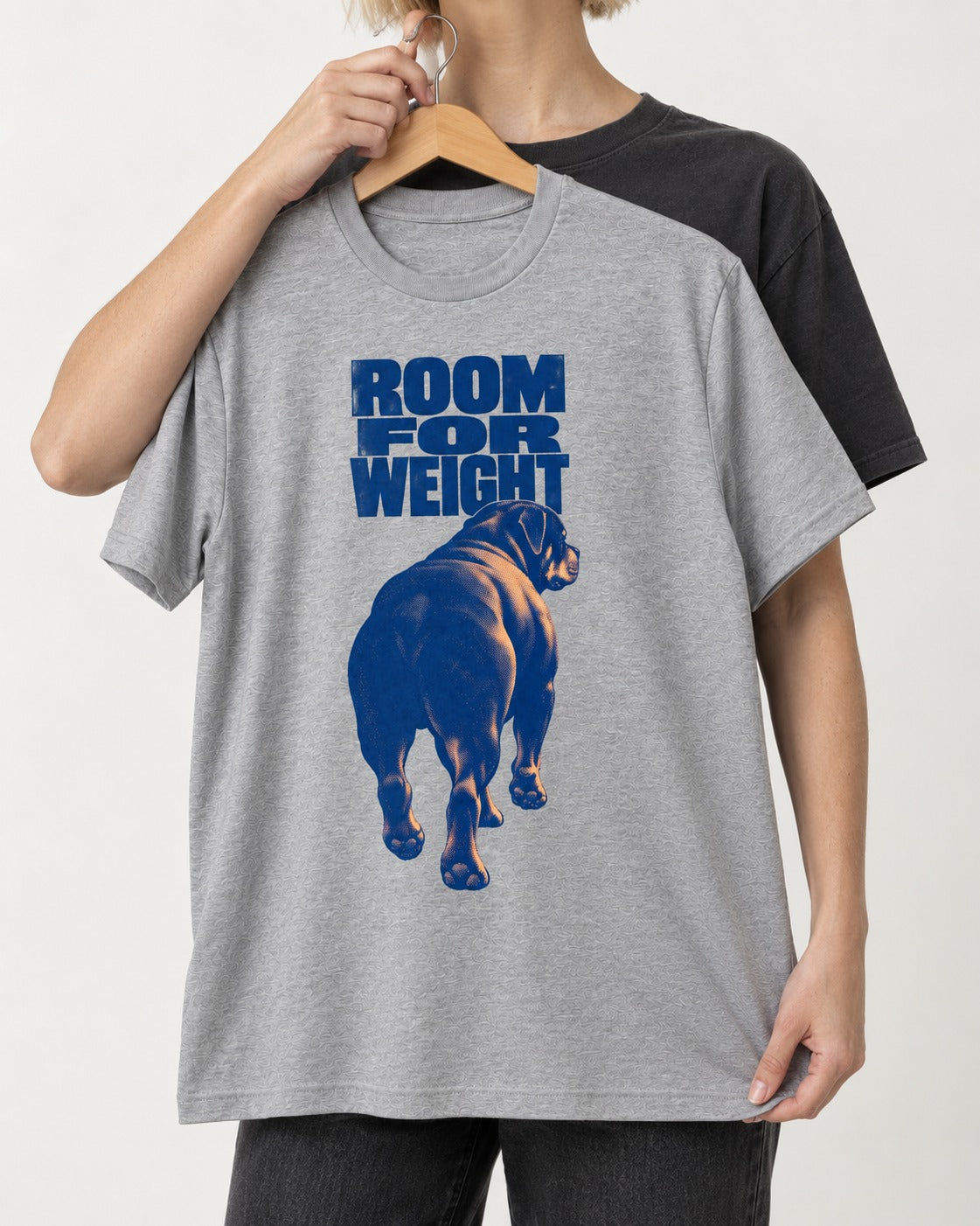 Room for Weight Rottweiler T-Shirt in Sport Grey, held up on a hanger
