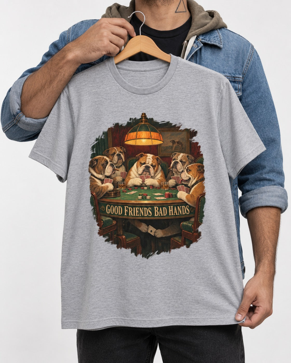 English Bulldog Good Friends Bad Hands Poker Graphic T-Shirt in Sport Grey, held up on a hanger