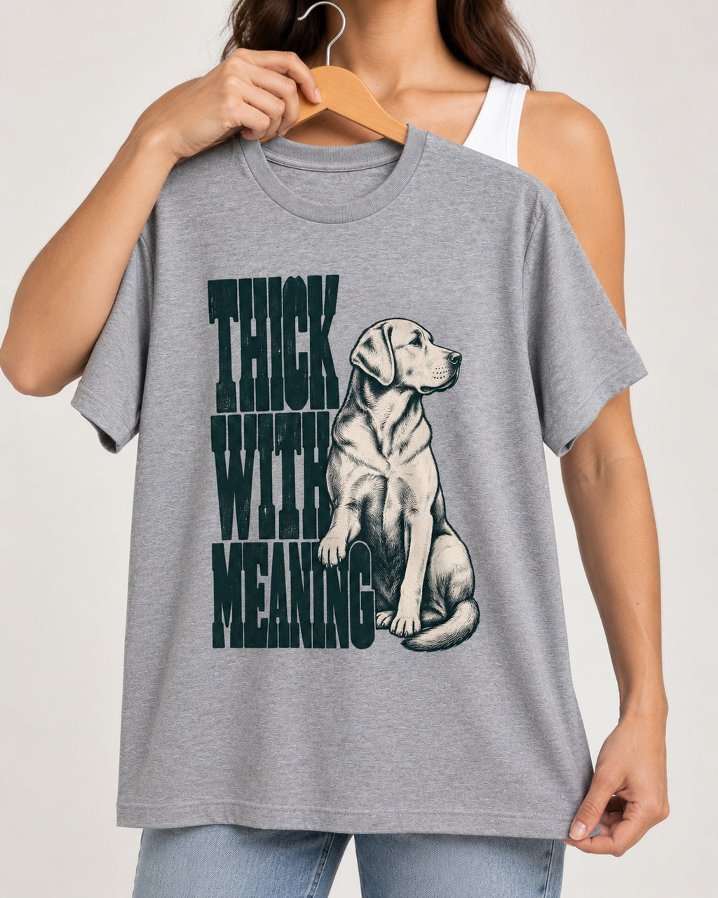 Thick with Meaning Labrador Retriever T-Shirt in Sport Grey, held up on a hanger