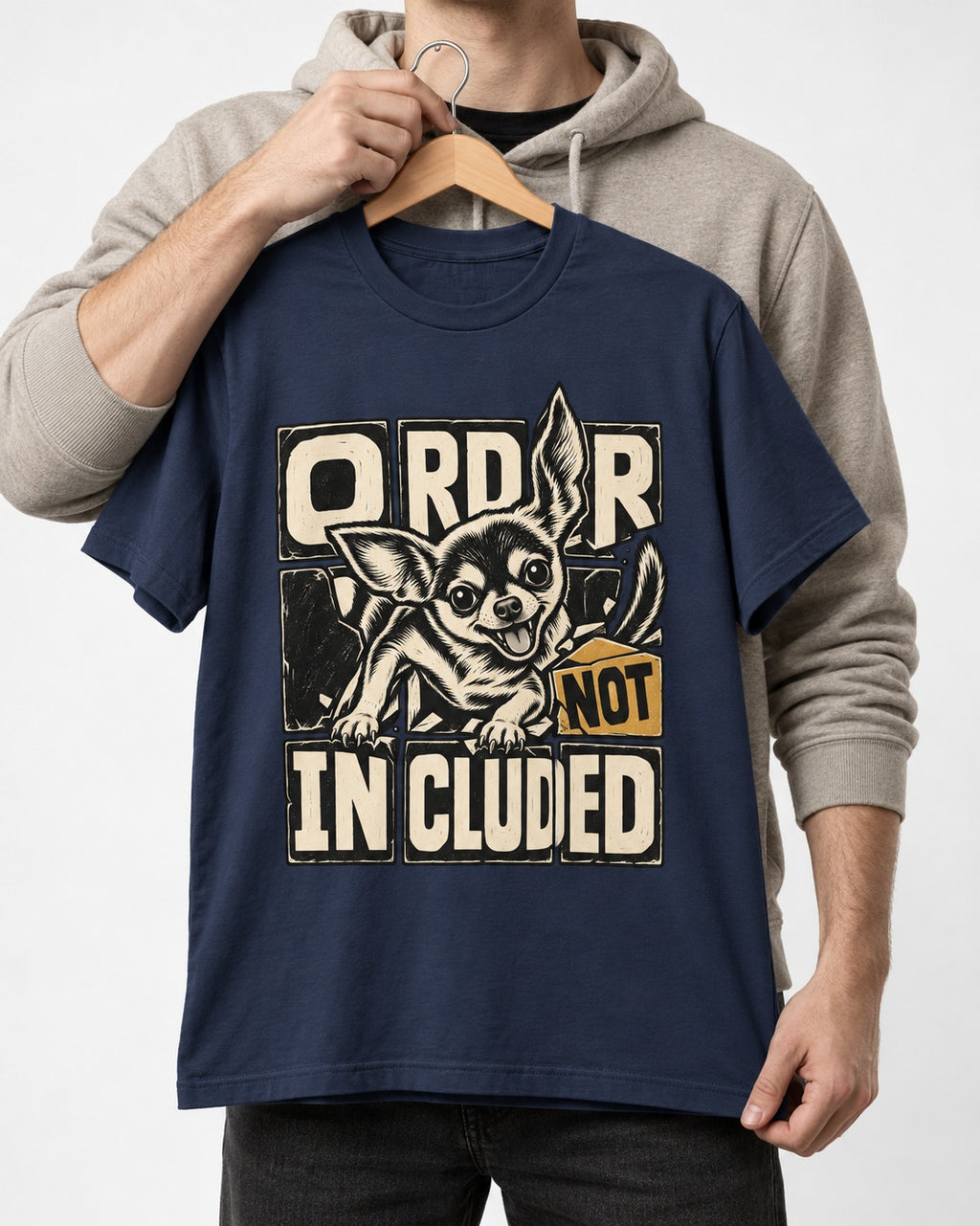 Chihuahua Order Not Included Broken Grid Graphic T-Shirt in Navy, held up on a hanger
