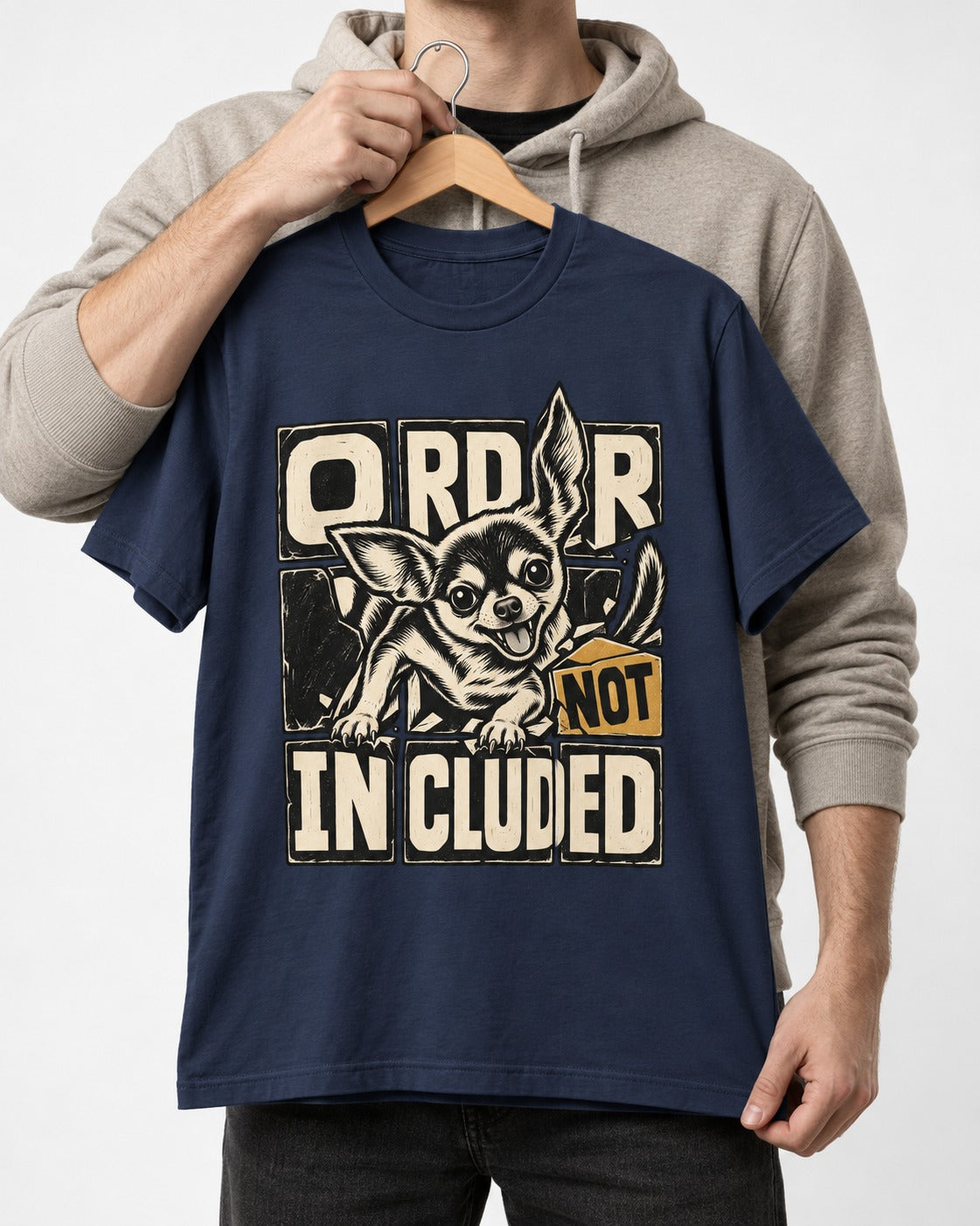 Chihuahua Order Not Included Broken Grid Graphic T-Shirt in Navy, held up on a hanger