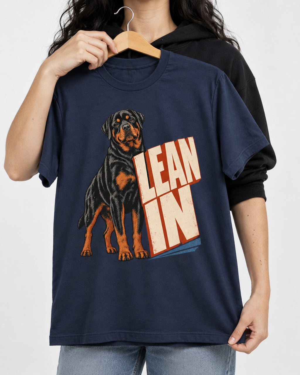 Rottweiler Lean In Block Typography Graphic T-Shirt in Navy, held up on a hanger
