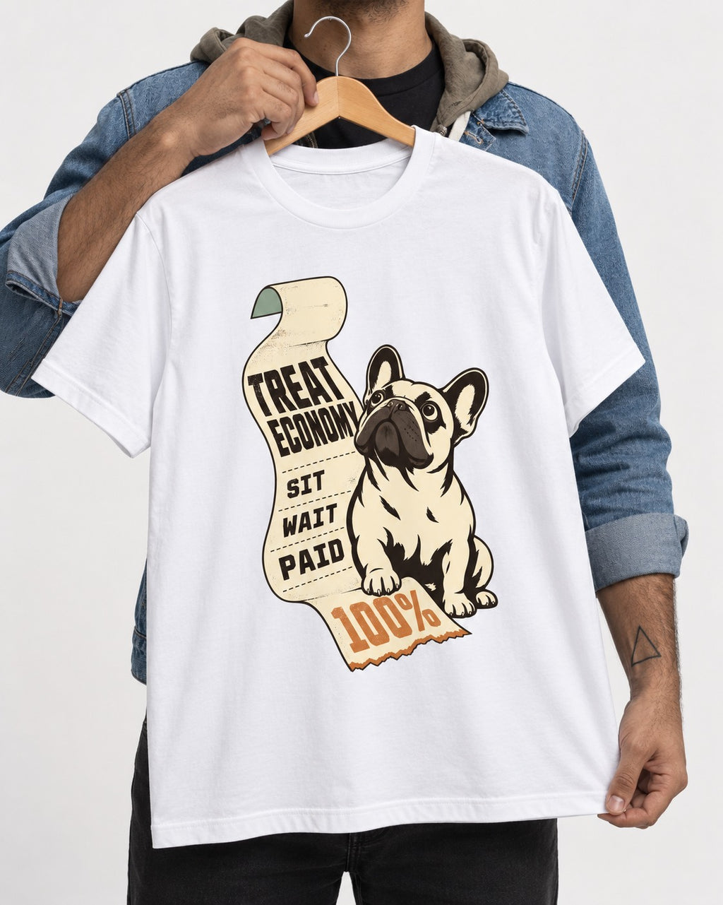 Frenchie Treat Economy Sit Wait Paid Receipt Graphic T-Shirt in White, held up on a hanger