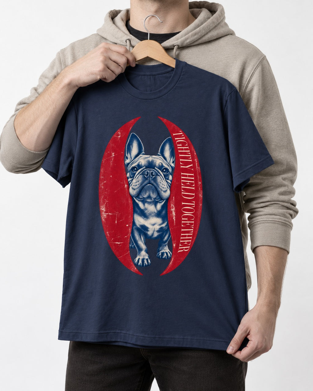 Frenchie Tightly Held Together Red Oval Graphic T-Shirt in Navy, held up on a hanger