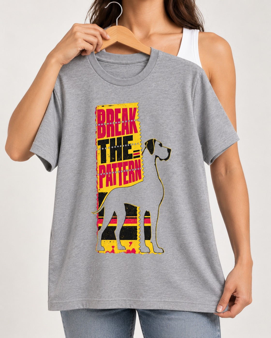 Great Dane Break the Pattern T-Shirt in Sport Grey, held up on a hanger