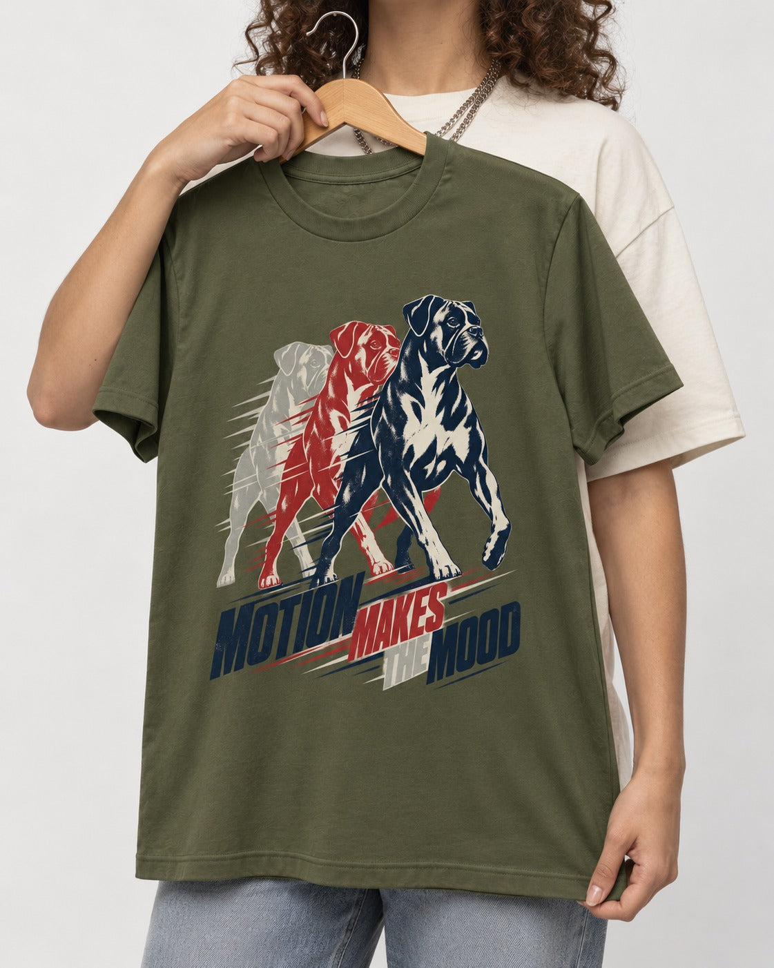 Boxer Motion Makes the Mood T-Shirt in Heather Military Green, held up on a hanger