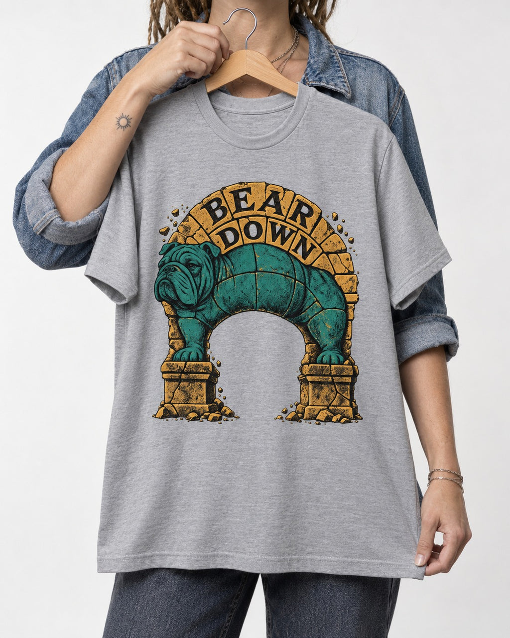 English Bulldog Bear Down Stone Arch Graphic T-Shirt in Sport Grey, held up on a hanger