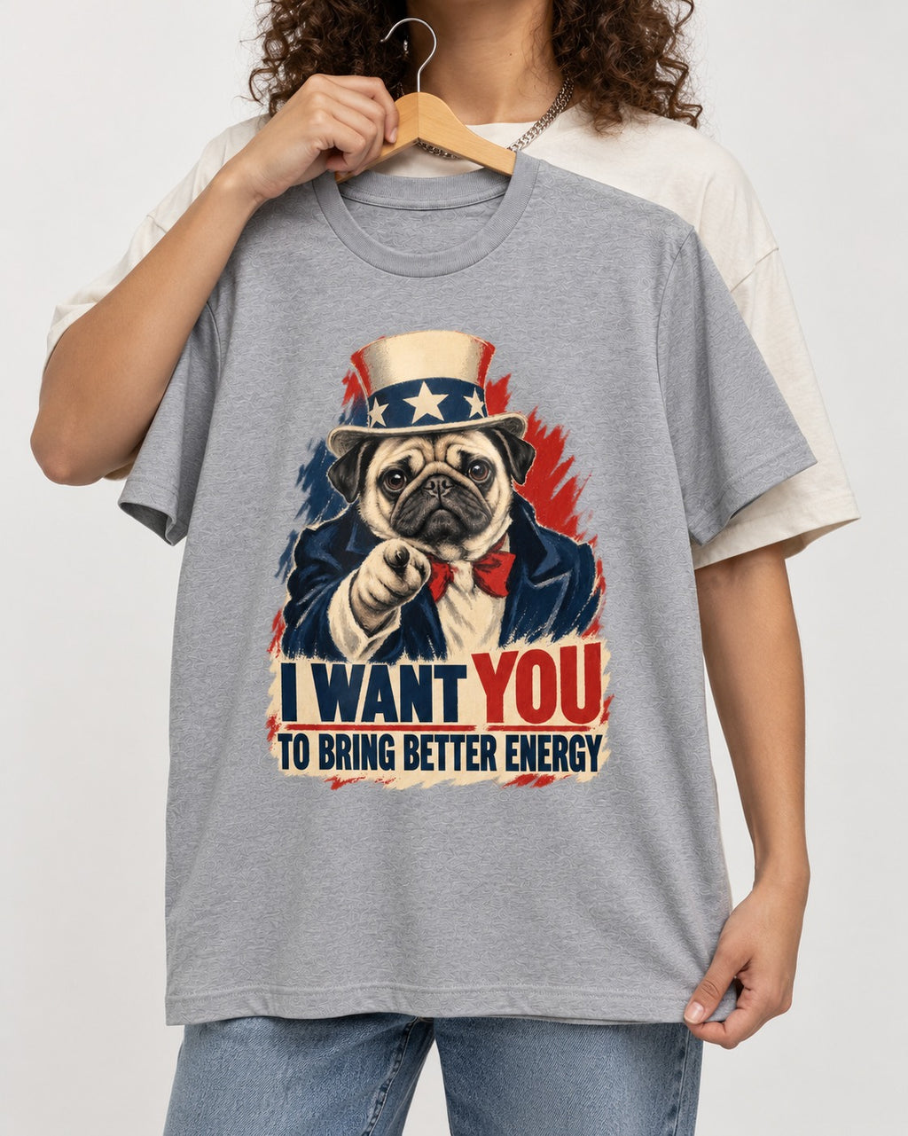 Pug I Want You to Bring Better Energy Uncle Sam Graphic T-Shirt in Sport Grey, held up on a hanger