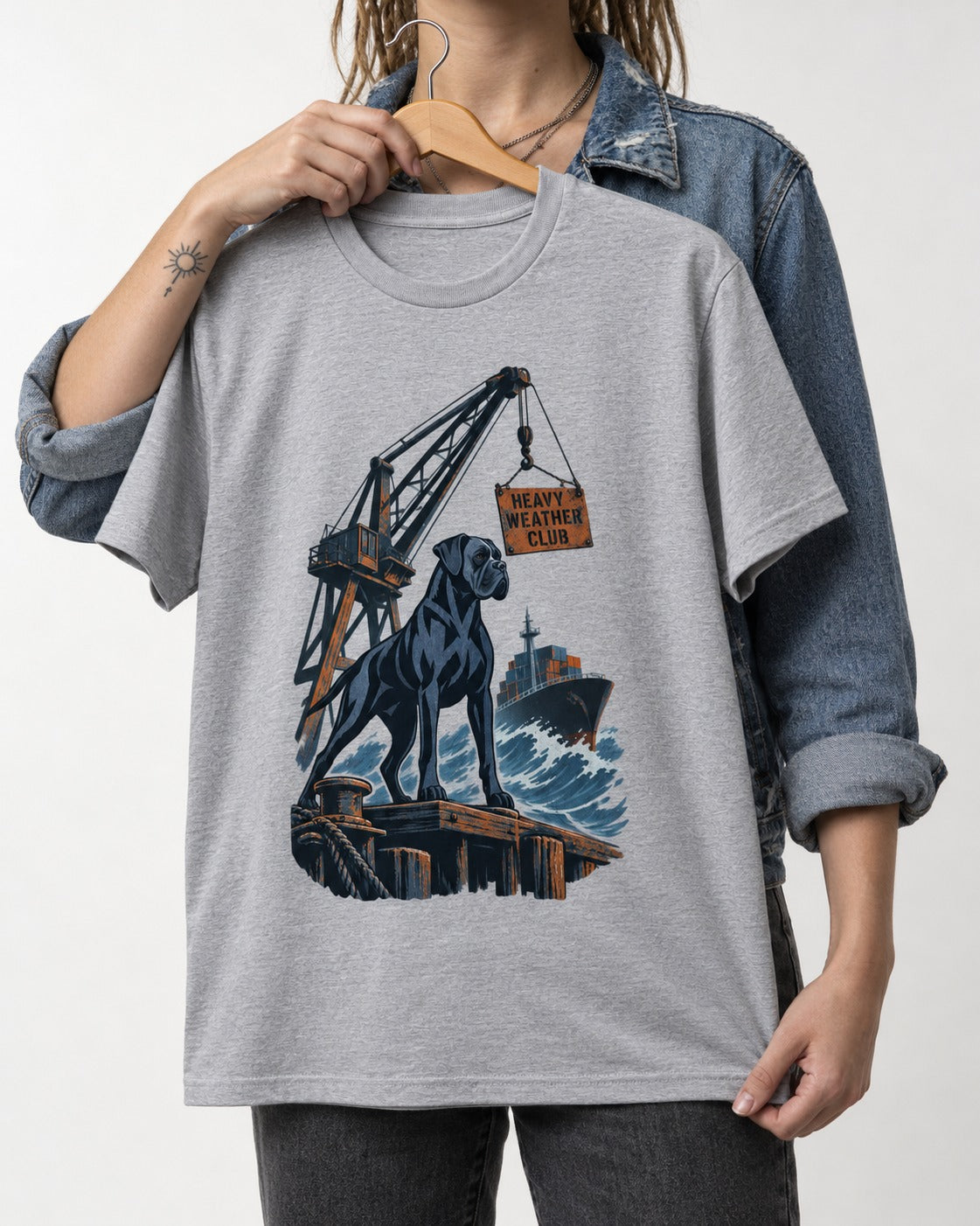 Boxer Heavy Weather Club T-Shirt in Sport Grey, held up on a hanger