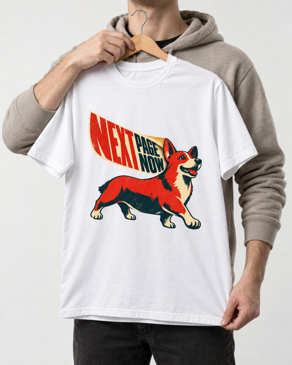 Corgi Next Page Now Pennant Graphic T-Shirt in White, held up on a hanger