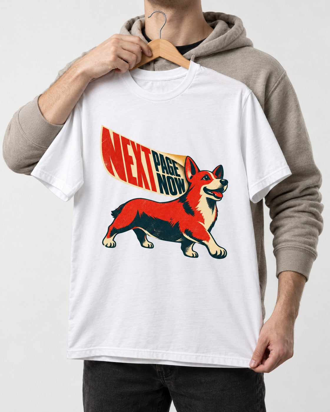 Corgi Next Page Now Pennant Graphic T-Shirt in White, held up on a hanger