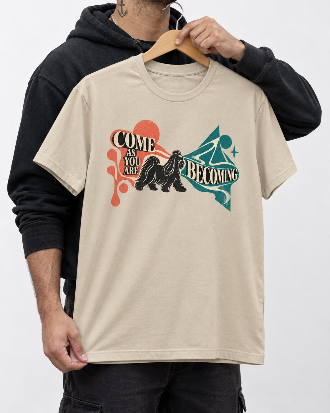 Come as You Are Shih Tzu T-Shirt in Sand, held up on a hanger