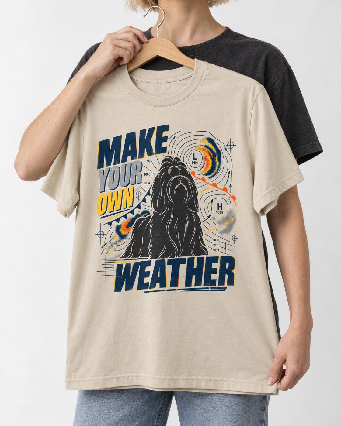 Shih Tzu Make Your Own Weather T-Shirt in Sand, held up on a hanger