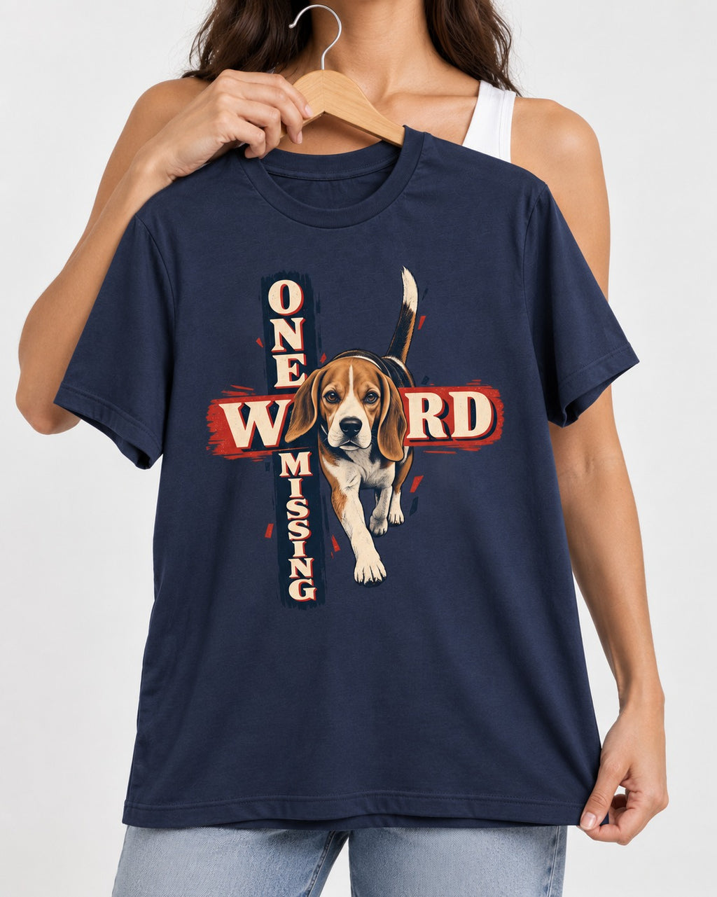 Beagle One Word Missing T-Shirt in Navy, held up on a hanger