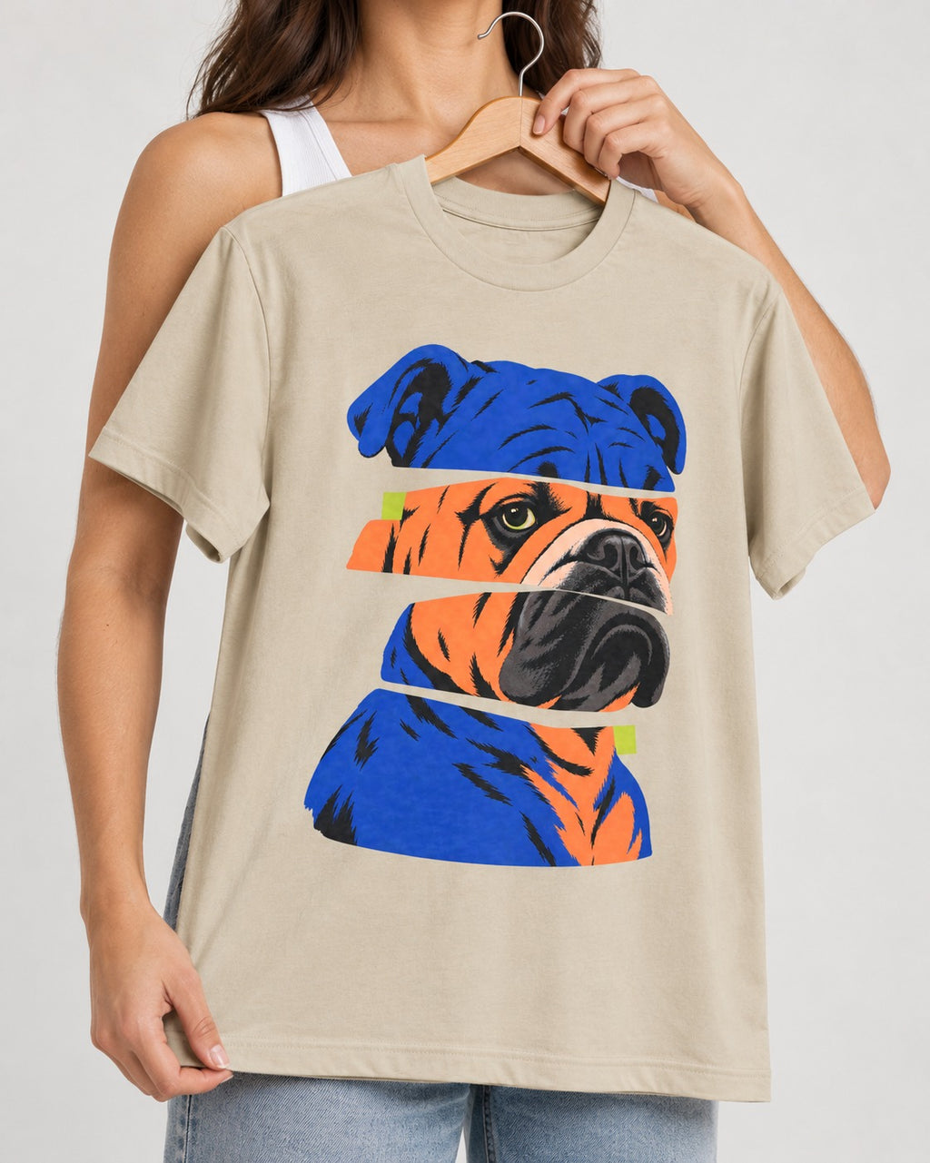 English Bulldog Unbreakable T-Shirt in Sand, held up on a hanger