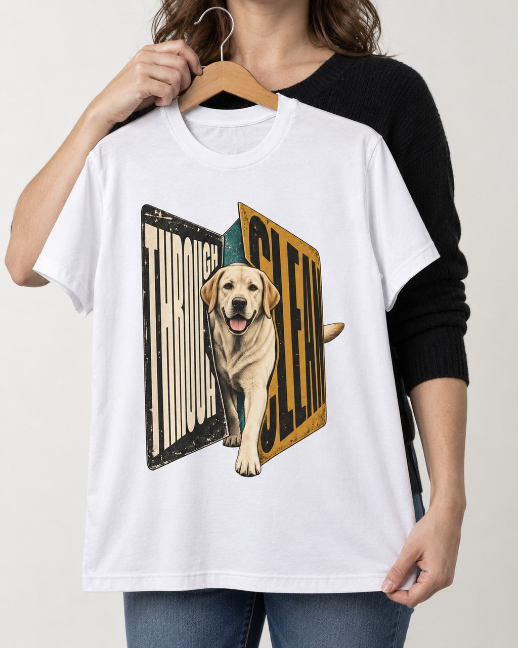 Labrador Retriever Through Steel Split Sign Graphic T-Shirt in White, held up on a hanger