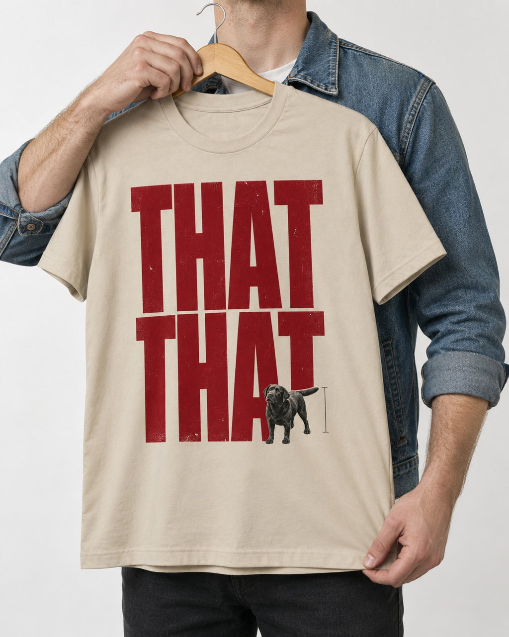 That That Labrador Retriever T-Shirt in Sand, held up on a hanger