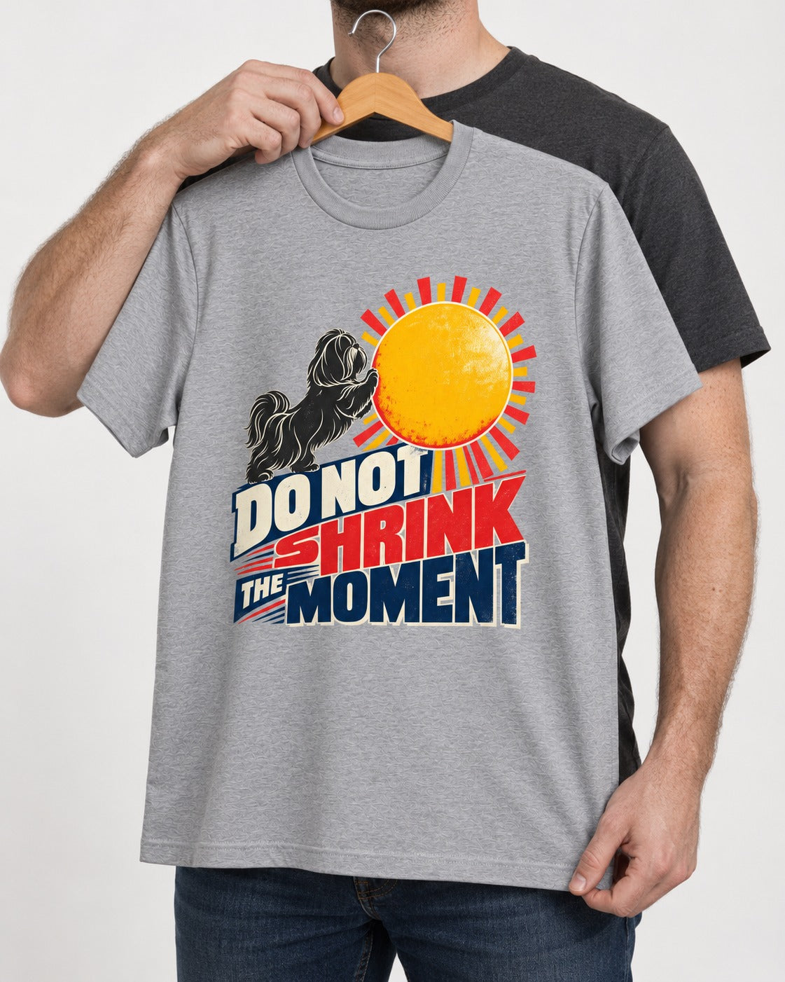 Shih Tzu Do Not Shrink the Moment Sun Graphic T-Shirt in Sport Grey, held up on a hanger