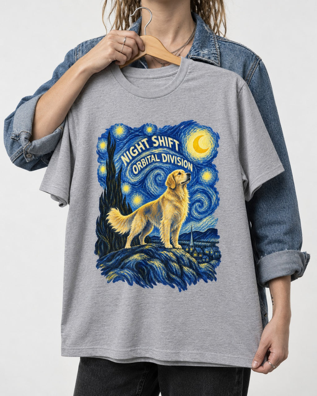 Night Shift Orbital Division Starry Night Golden Retriever Graphic T-Shirt in Sport Grey, held up on a hanger
