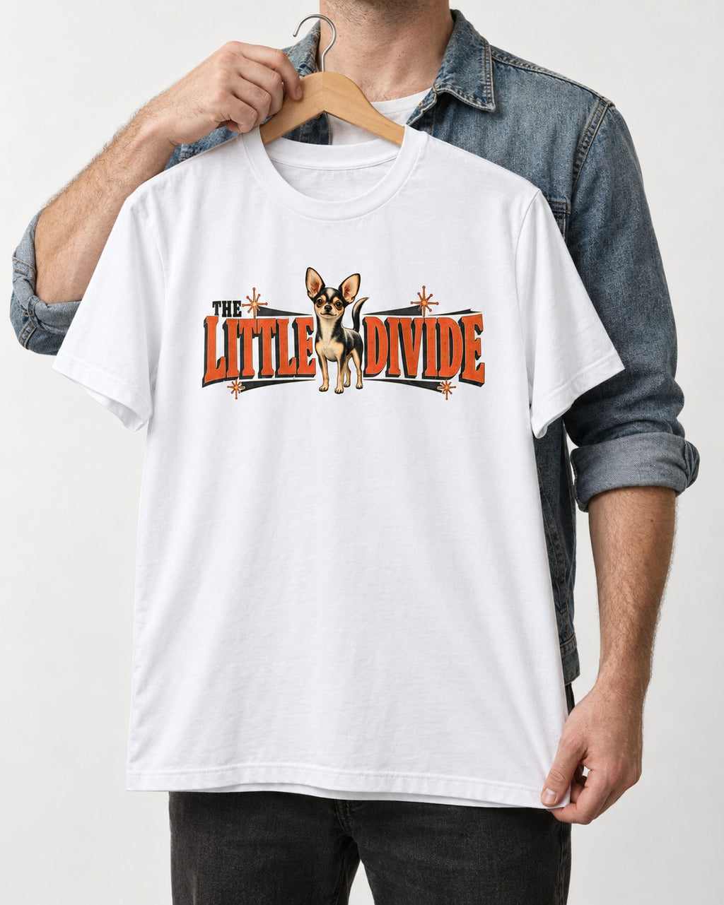 Chihuahua The Little Divide Retro Sign Graphic T-Shirt in White, held up on a hanger