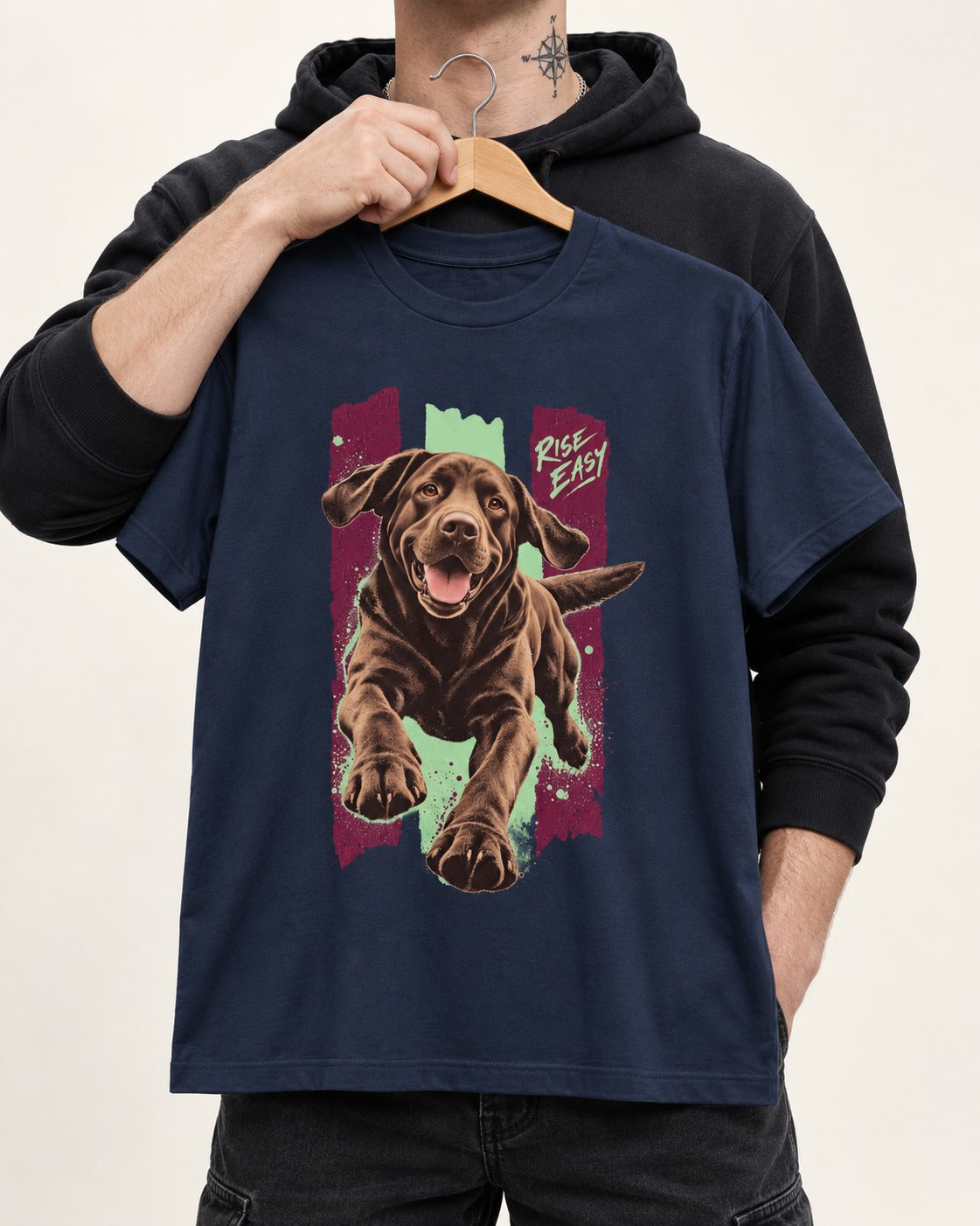 Labrador Retriever Rise Easy Running Chocolate Lab Graphic T-Shirt in Navy, held up on a hanger