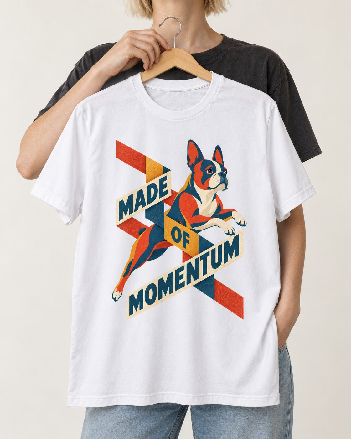 Made of Momentum Boston Terrier T-Shirt in White, held up on a hanger