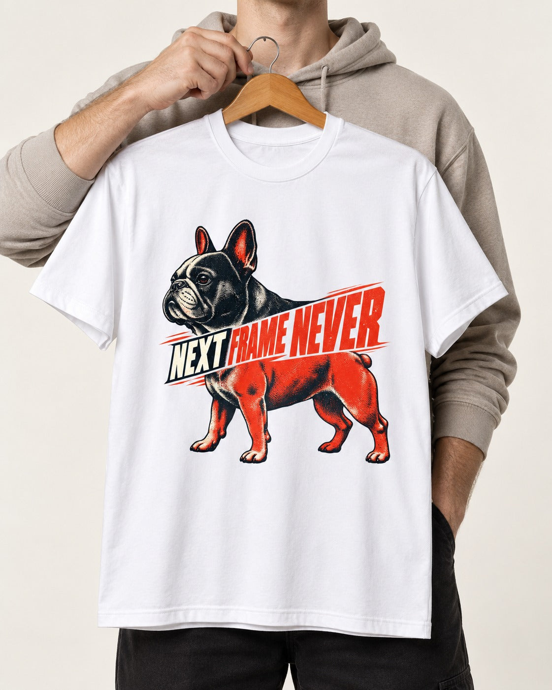 Frenchie Next Frame Never Motion Banner Graphic T-Shirt in White, held up on a hanger
