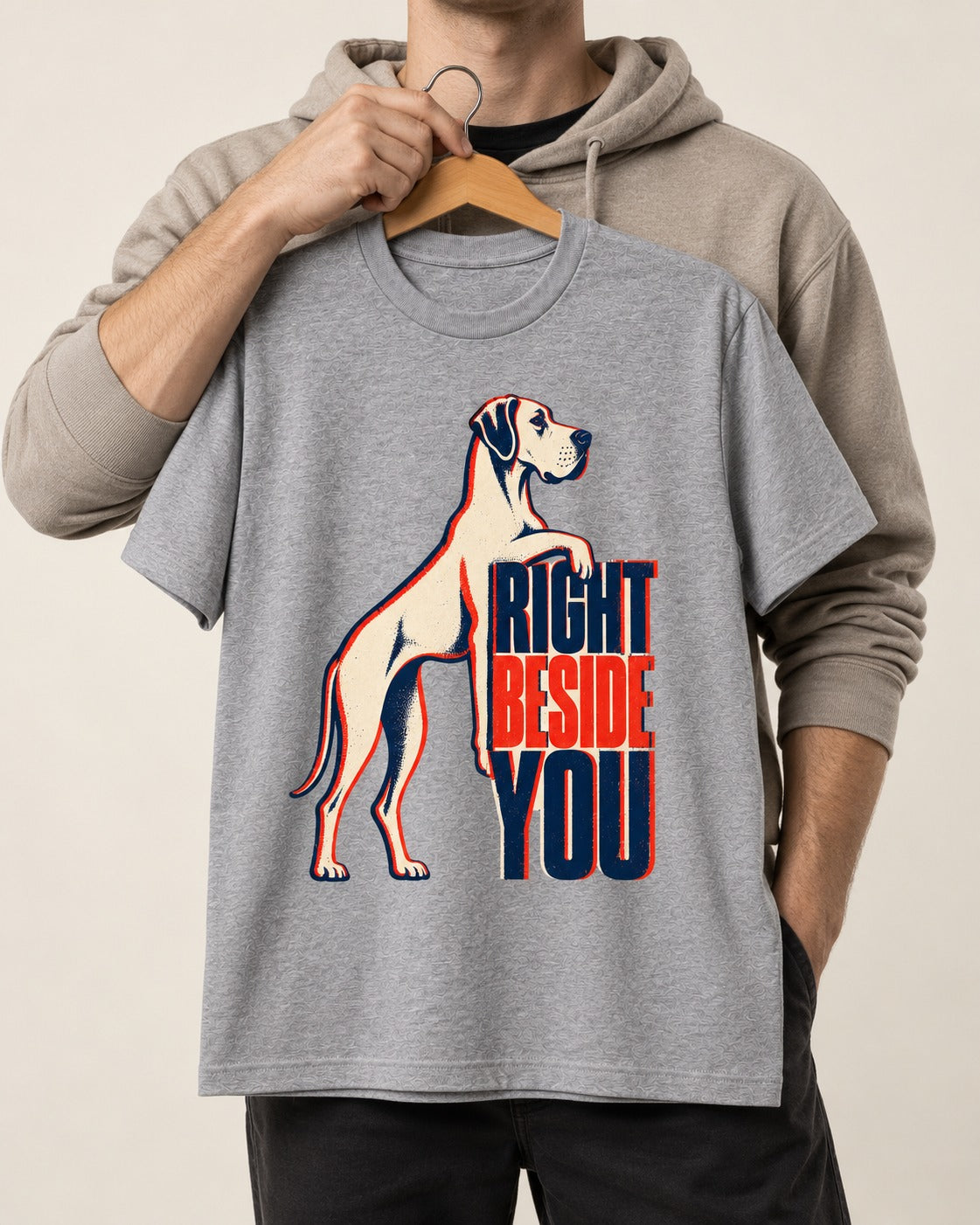 Great Dane Right Beside You T-Shirt in Sport Grey, held up on a hanger