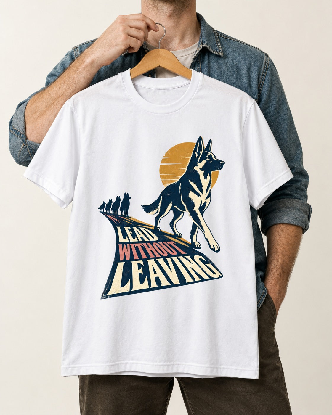 Lead Without Leaving Perspective German Shepherd Dog Graphic T-Shirt in White, held up on a hanger