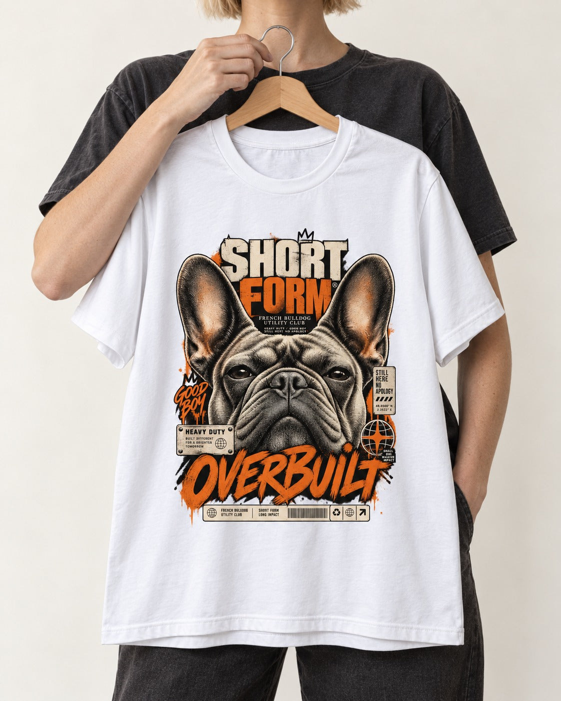 Frenchie Short Form Overbuilt Utility Club Poster Graphic T-Shirt in White, held up on a hanger