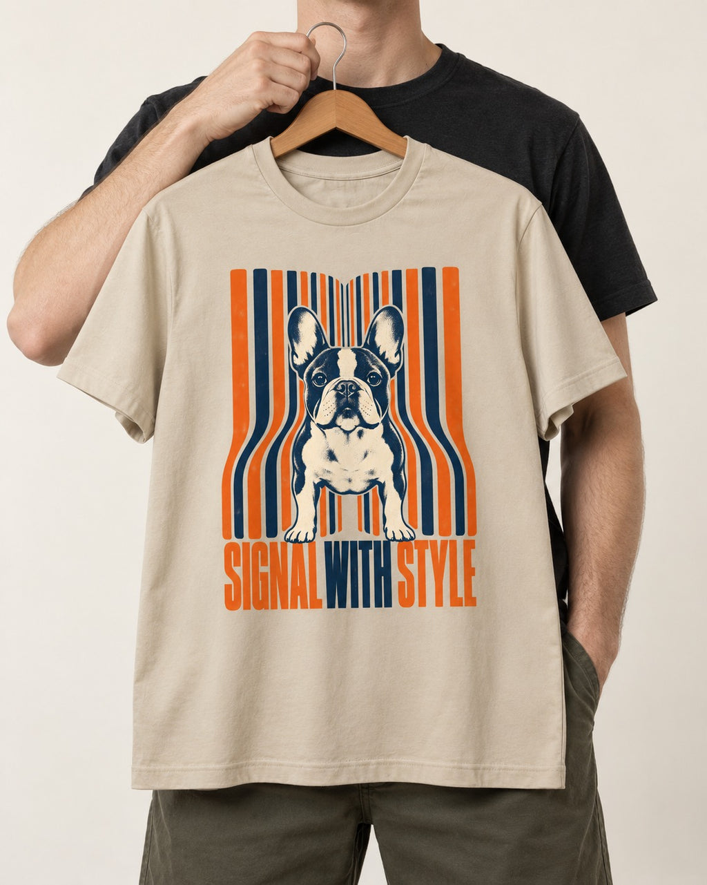 Frenchie Signal T-Shirt in Sand, held up on a hanger
