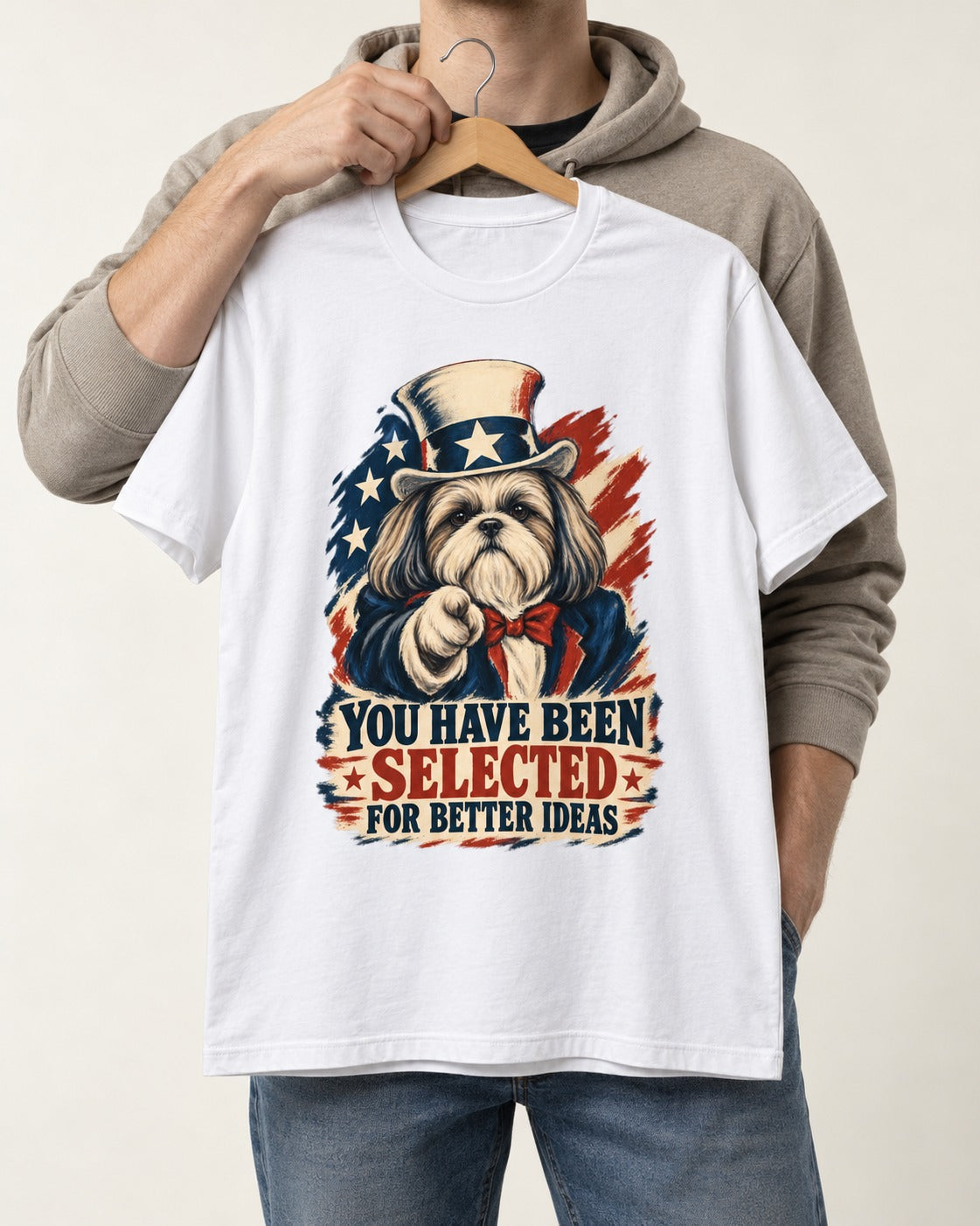 Shih Tzu You Have Been Selected Uncle Sam Graphic T-Shirt in White, held up on a hanger