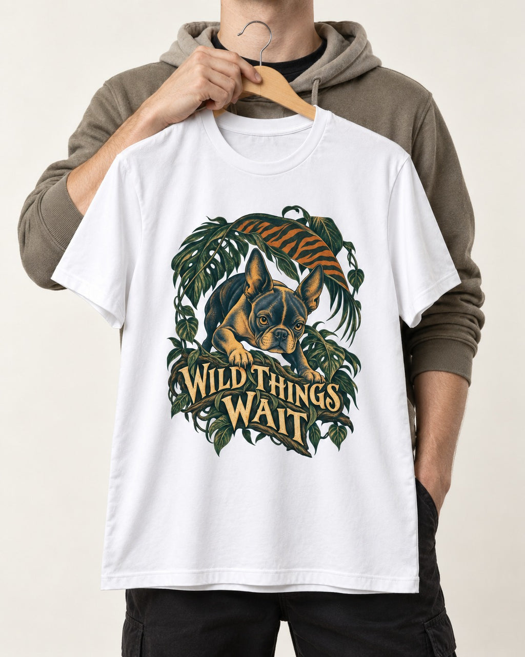 Boston Terrier Wild Things Wait T-Shirt in White, held up on a hanger