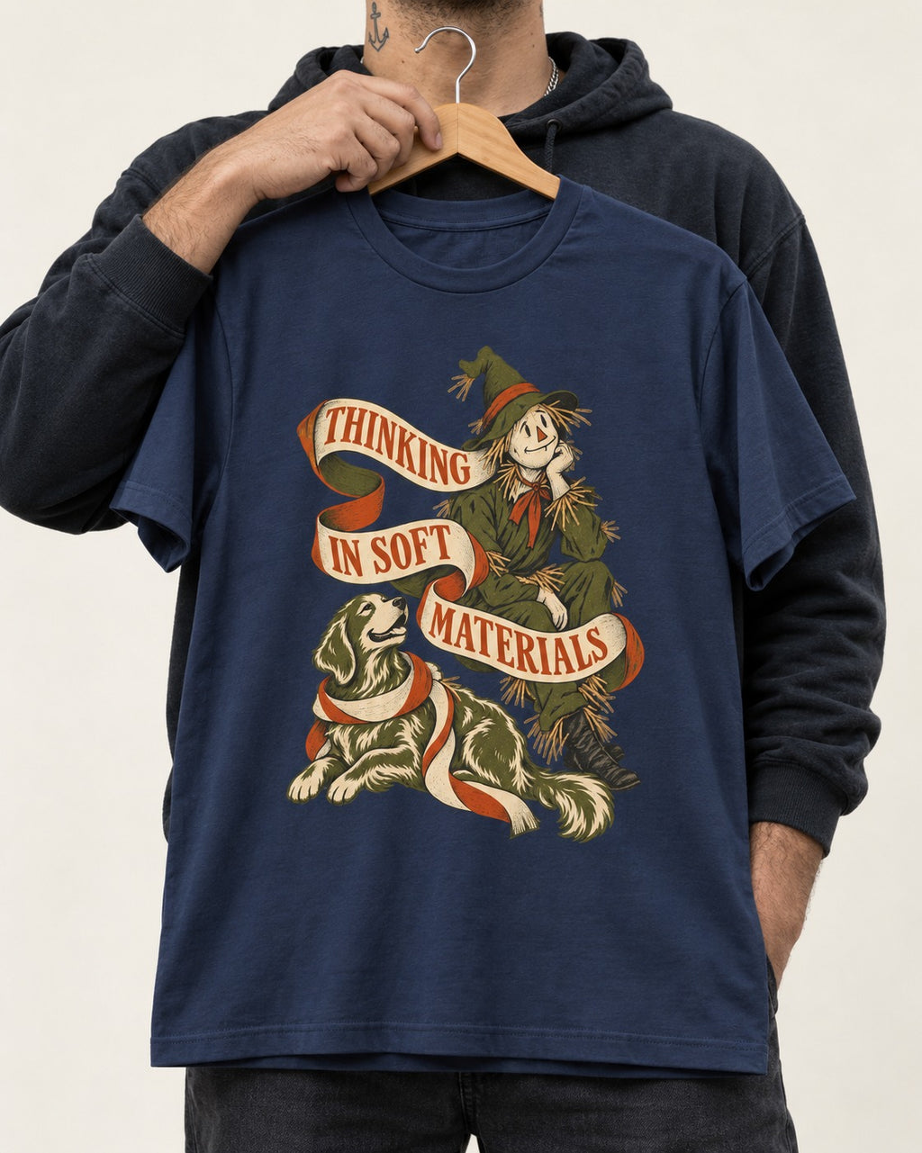 Golden Retriever Thinking in Soft Materials Scarecrow Graphic T-Shirt in Navy, held up on a hanger