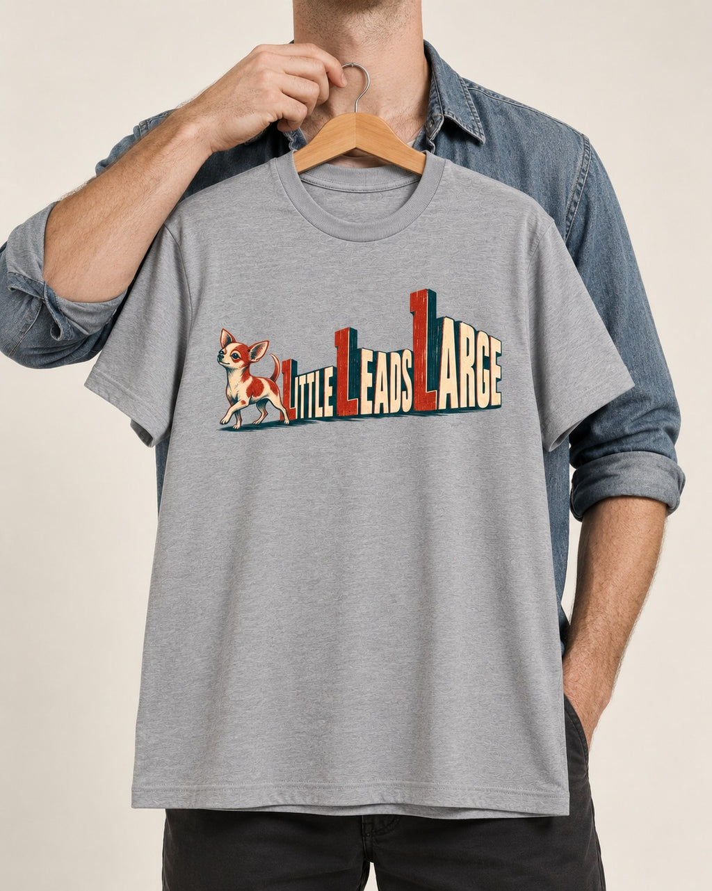 Chihuahua Little Leads Large Perspective Typography T-Shirt in Sport Grey, held up on a hanger