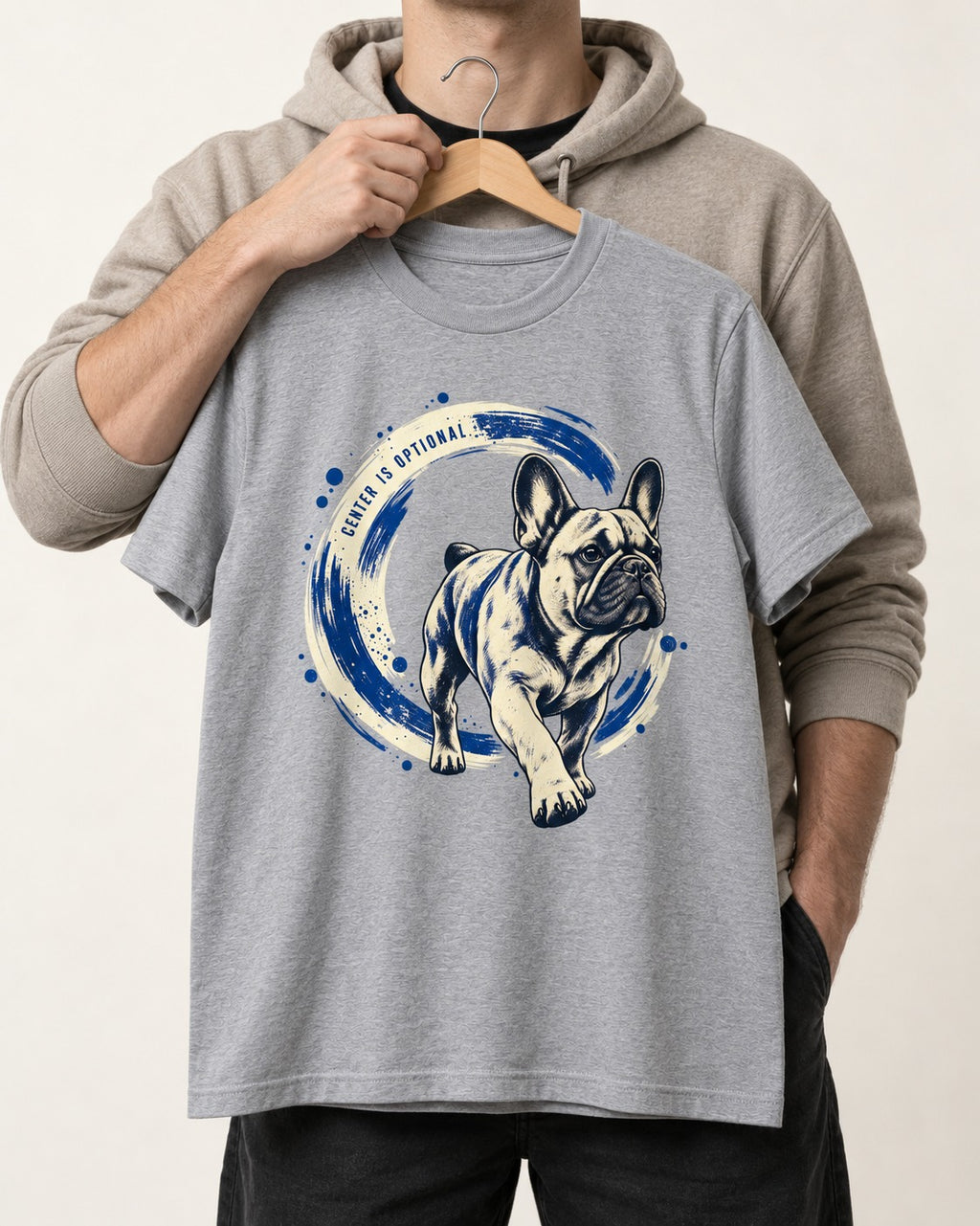 Frenchie Center Is Optional Brush Circle Graphic T-Shirt in Sport Grey, held up on a hanger