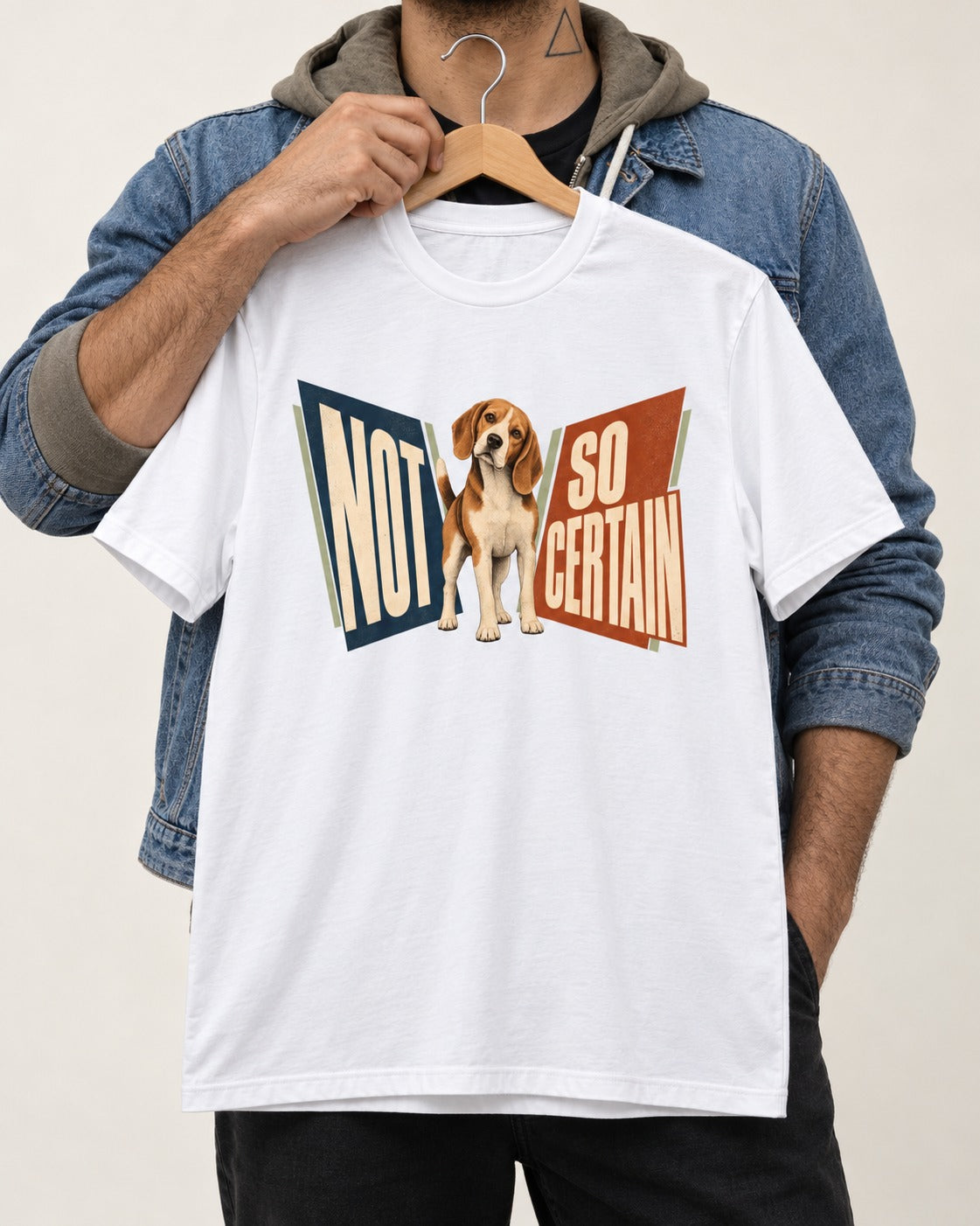 Beagle Not So Certain Retro Panel Graphic T-Shirt in White, held up on a hanger