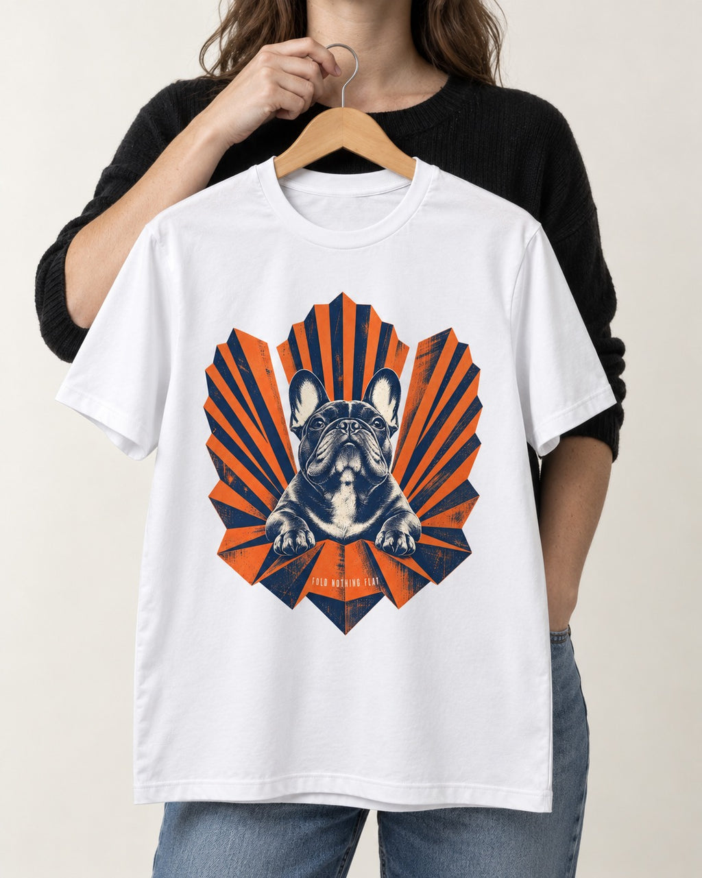 Frenchie Fold Nothing Flat Geometric Fan Graphic T-Shirt in White, held up on a hanger