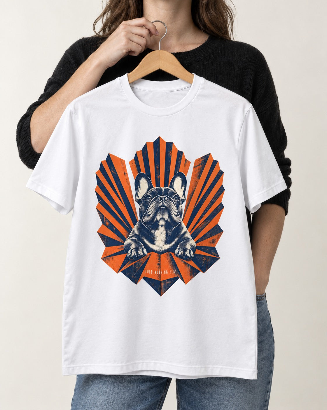 Frenchie Fold Nothing Flat Geometric Fan Graphic T-Shirt in White, held up on a hanger