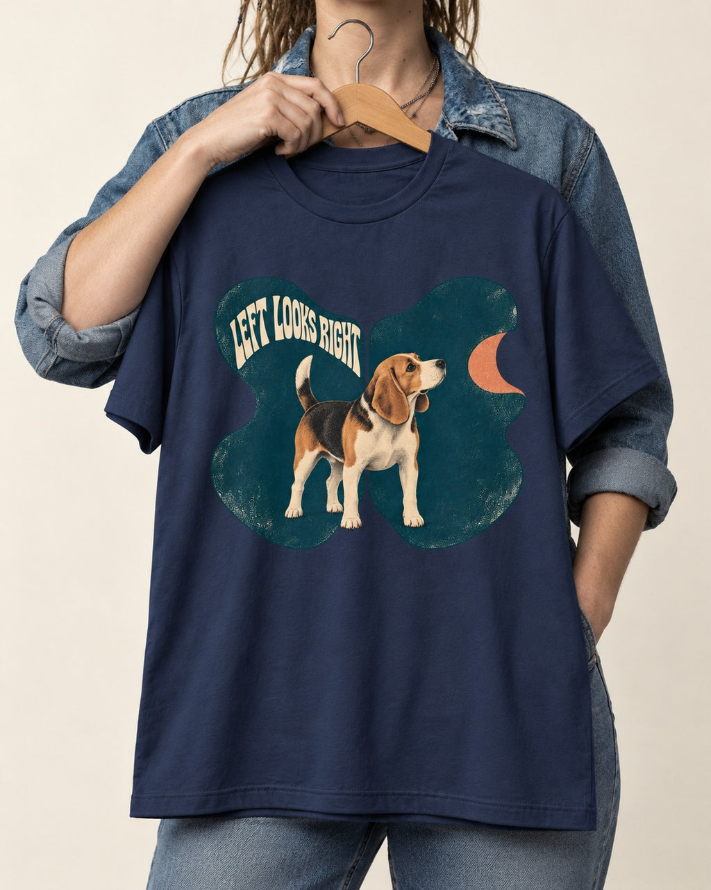 Left Looks Right Beagle Abstract Shapes T-Shirt in Navy, held up on a hanger