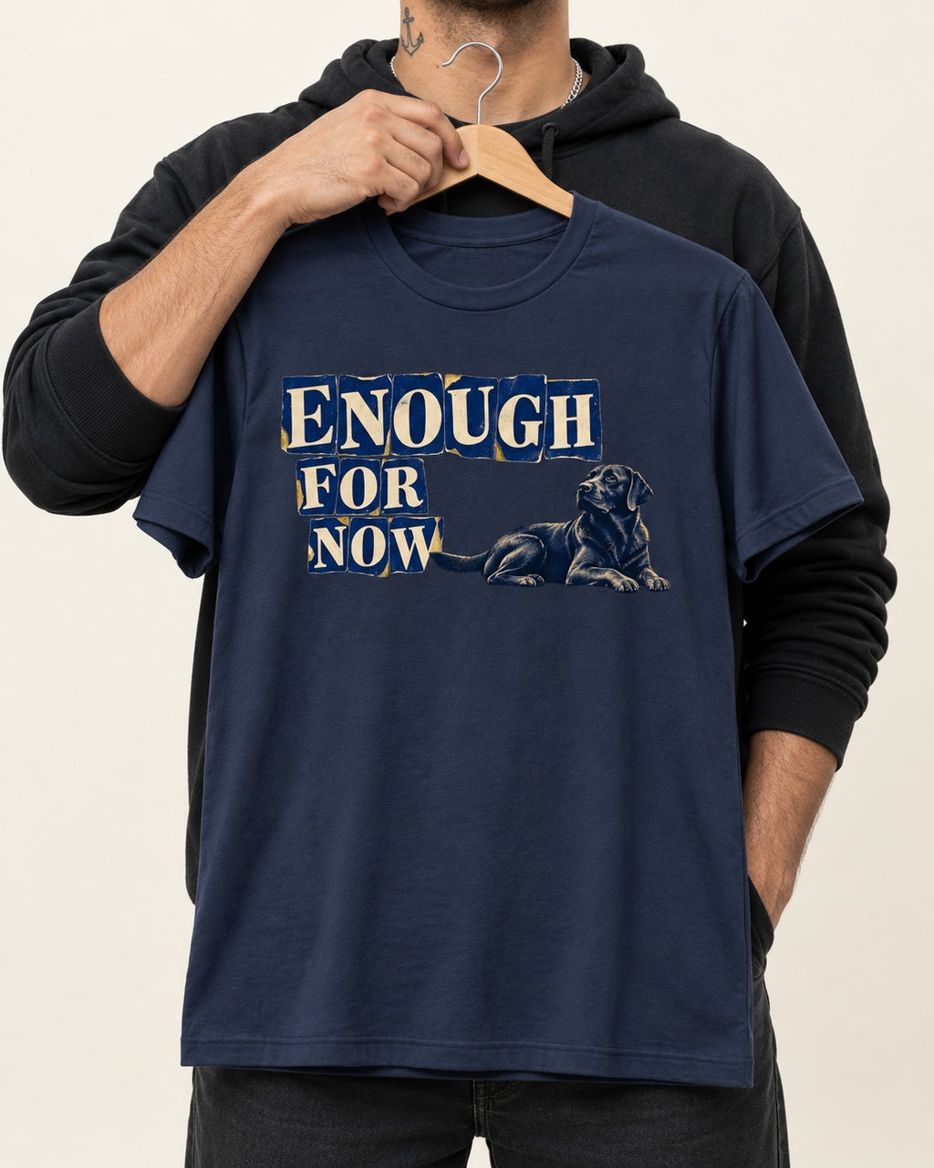 Labrador Retriever Enough for Now Reclining Graphic T-Shirt in Navy, held up on a hanger
