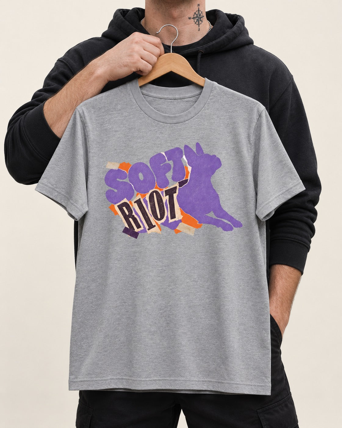Soft Riot Boston Terrier Graphic T-Shirt in Sport Grey, held up on a hanger