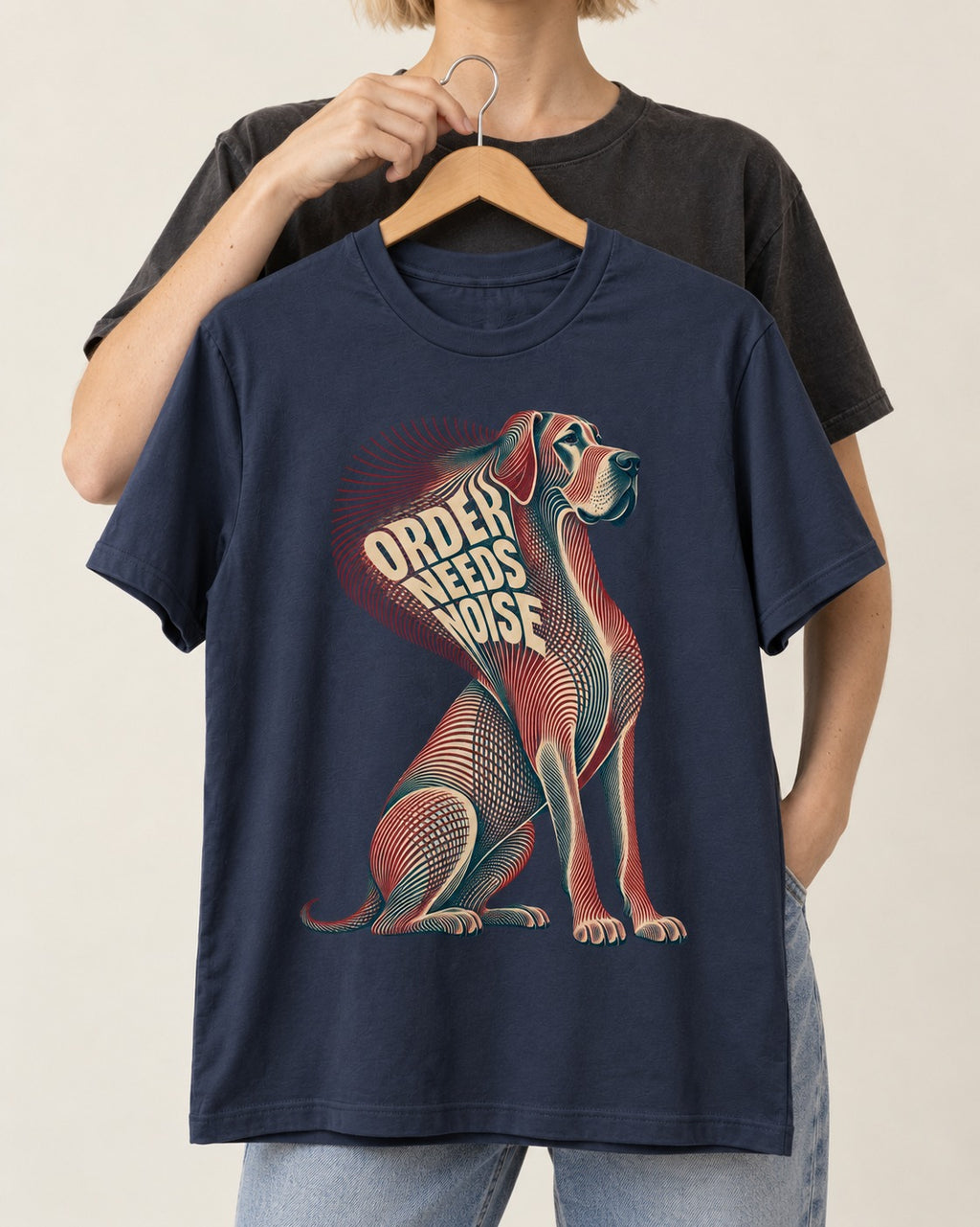 Great Dane Order Needs Noise Optical Line Graphic T-Shirt in Navy, held up on a hanger