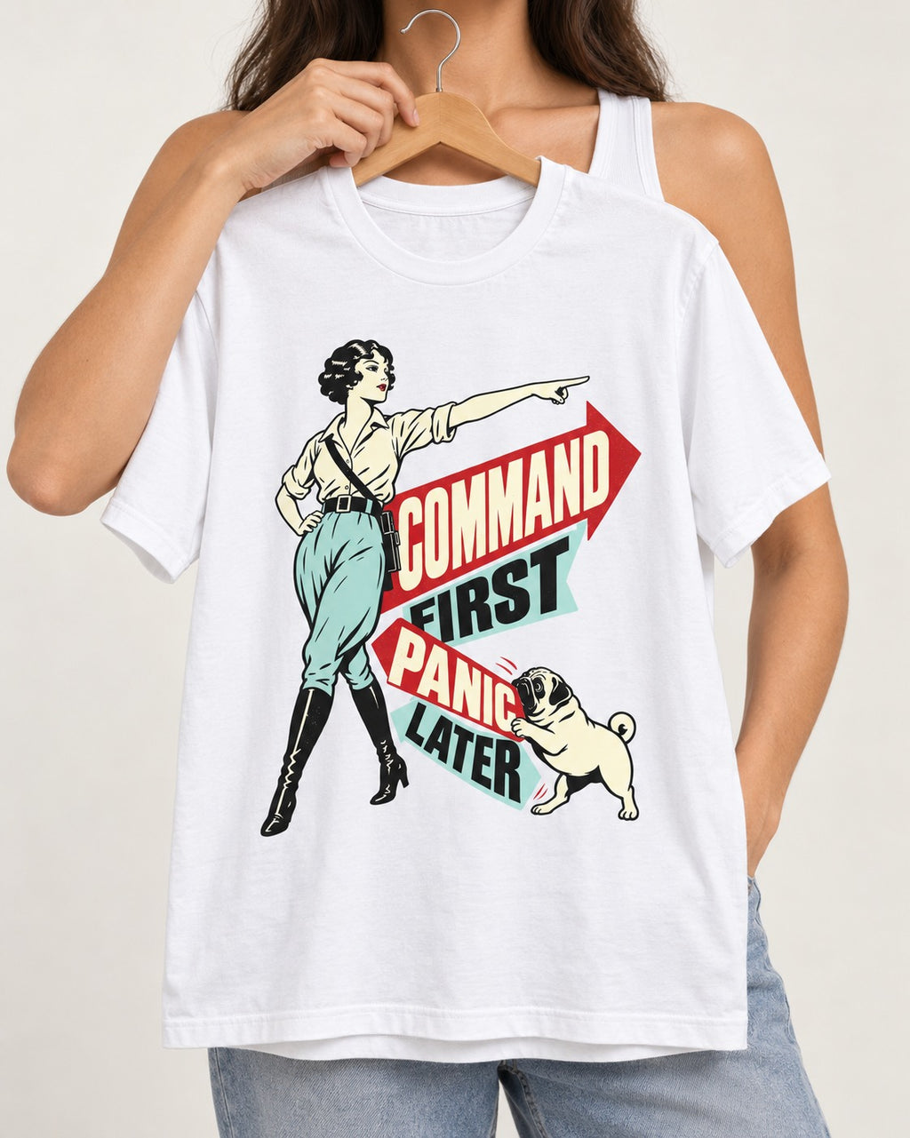 Pug Command First Panic Later Directional Graphic T-Shirt in White, held up on a hanger