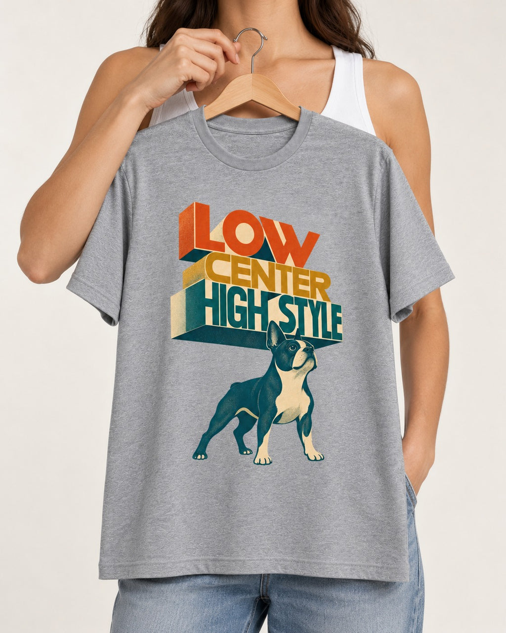 Low Center Boston Terrier T-Shirt in Sport Grey, held up on a hanger