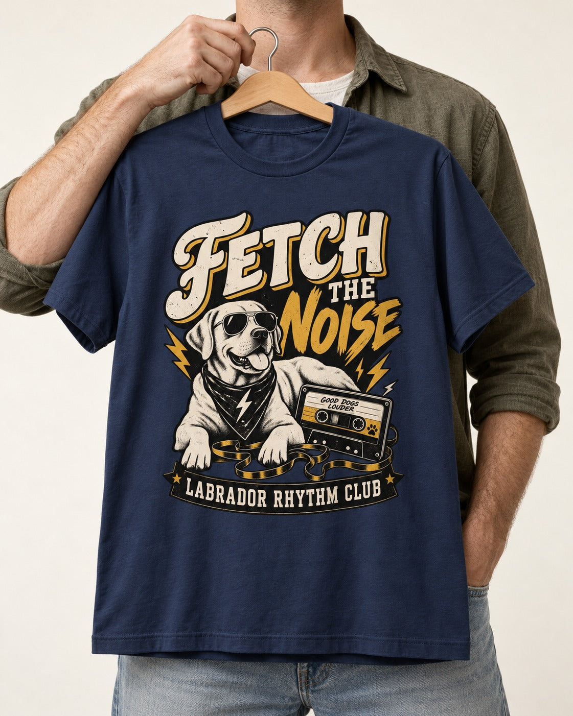 Labrador Retriever Fetch the Noise Rhythm Club DJ Graphic T-Shirt in Navy, held up on a hanger