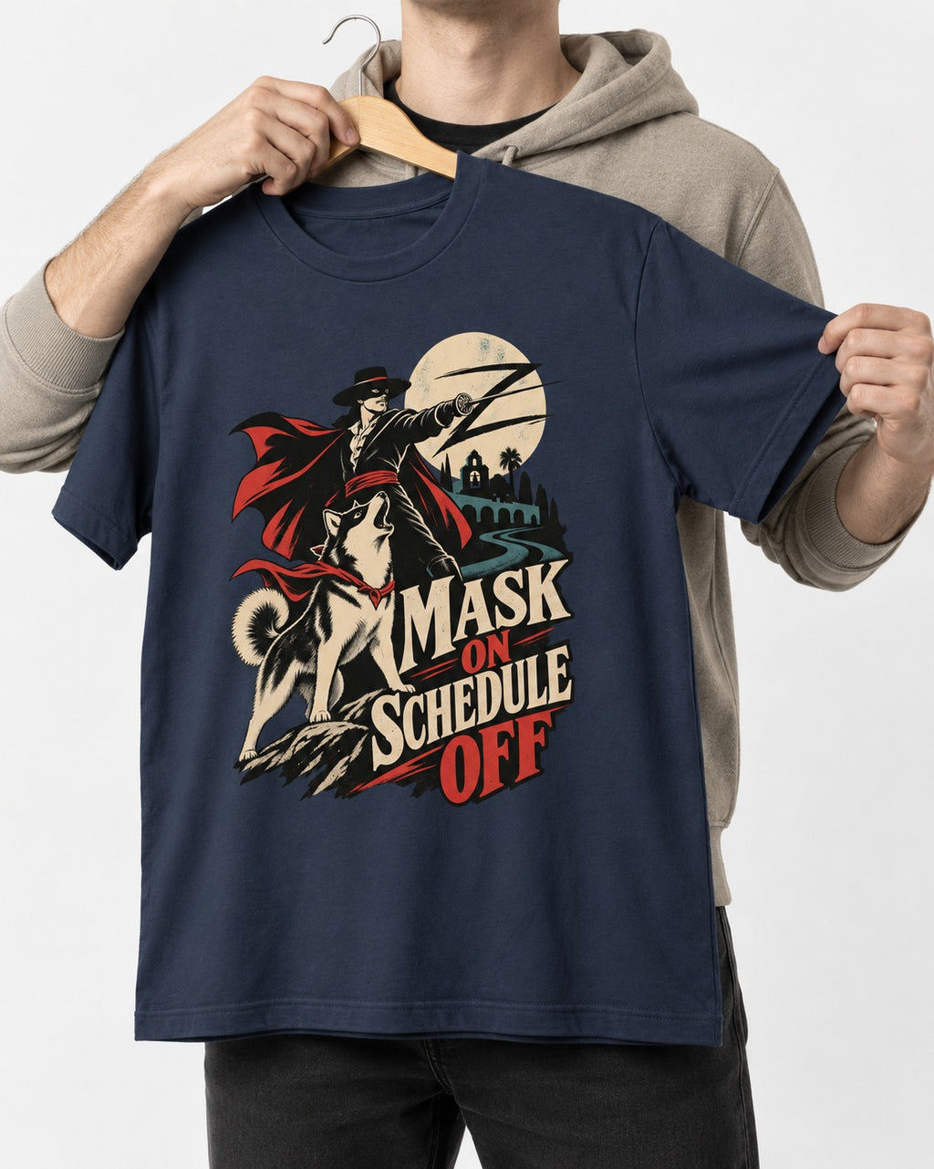 Husky Mask On Schedule Off Masked Swordsman Graphic T-Shirt in Navy, held up on a hanger