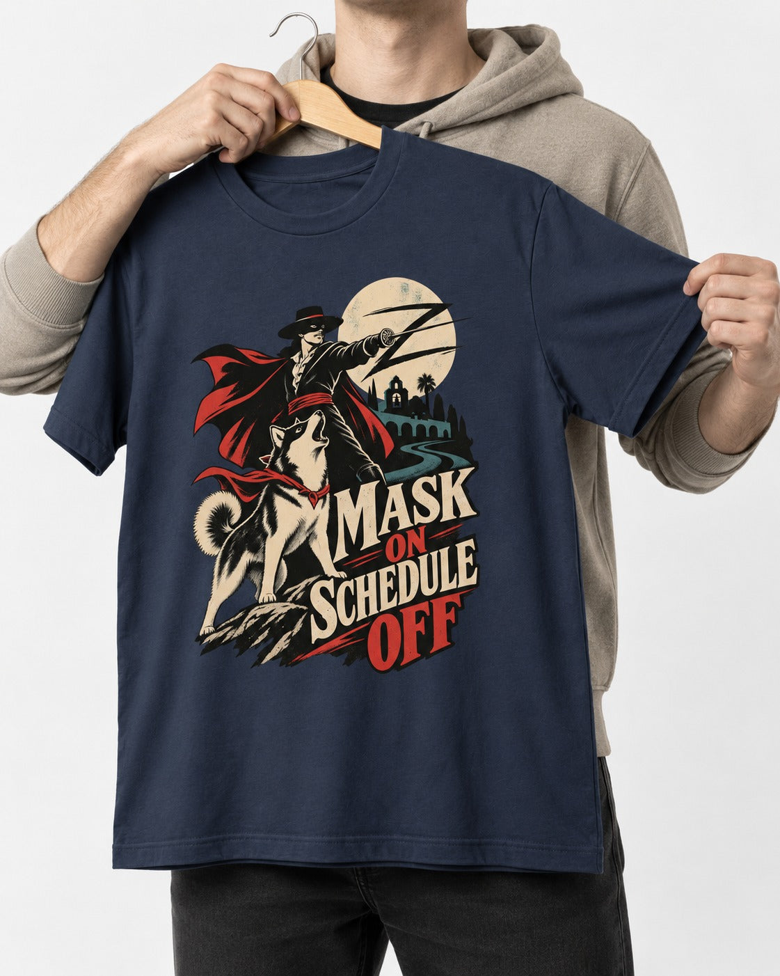 Husky Mask On Schedule Off Masked Swordsman Graphic T-Shirt in Navy, held up on a hanger